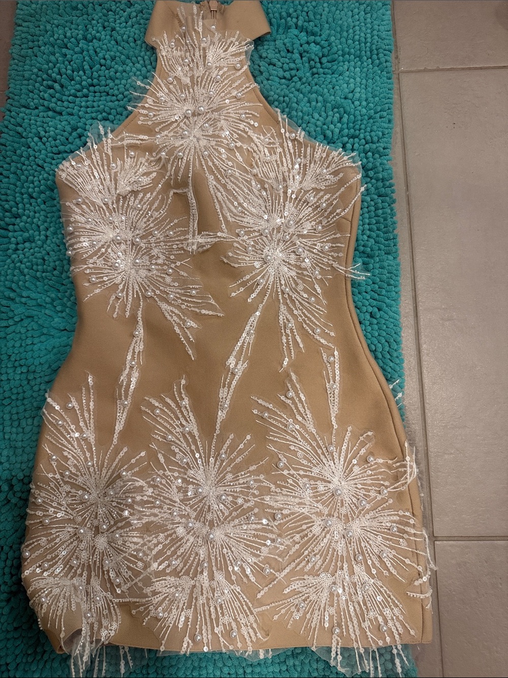 Embellished Nude Halter Bodycon Dress